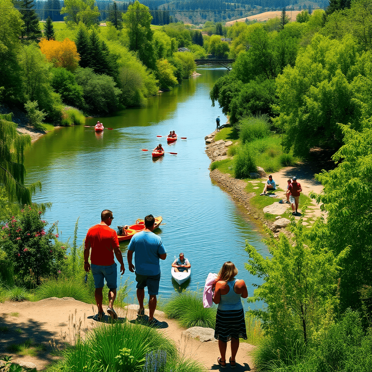Couples kayaking and walking along scenic trails by the American River, surrounded by lush greenery and vibrant nature, showcasing a lively outdoor...