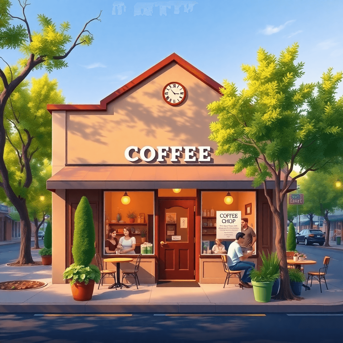 A cozy coffee shop with outdoor seating on tree-lined streets, featuring people enjoying drinks and creating a warm, inviting atmosphere of communi...