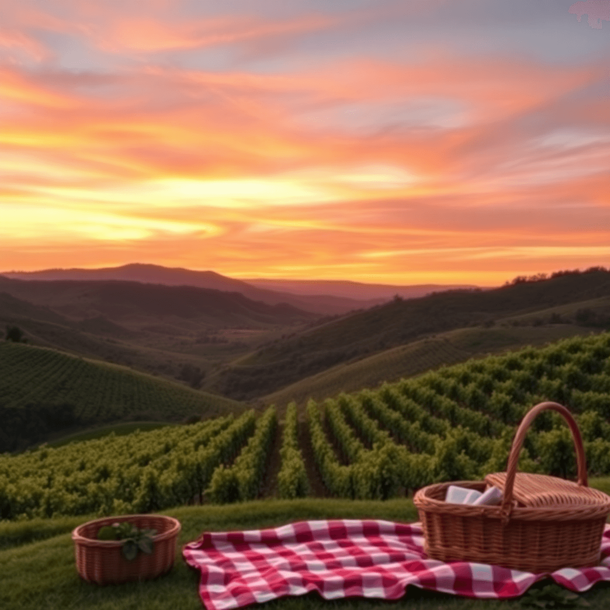 A stunning sunset over Napa Valley, with rolling hills of vineyards, warm orange and pink skies, a cozy wine glass, and a picnic setup on a blanket.