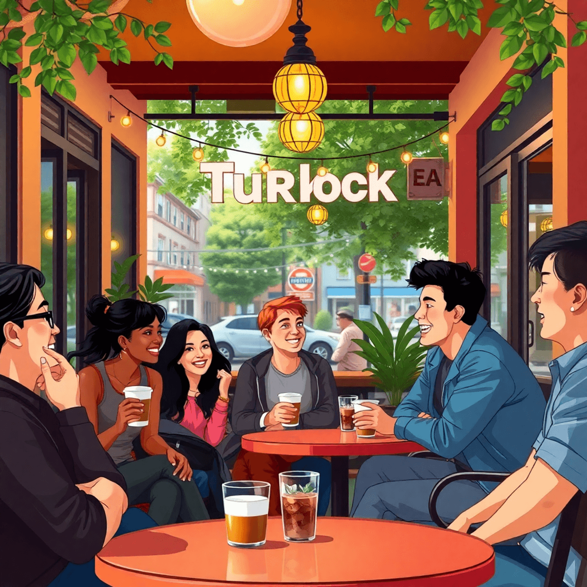 A cozy downtown cafe scene with young adults engaging in lively conversation, surrounded by coffee cups, outdoor seating, and decorative lights, cr...