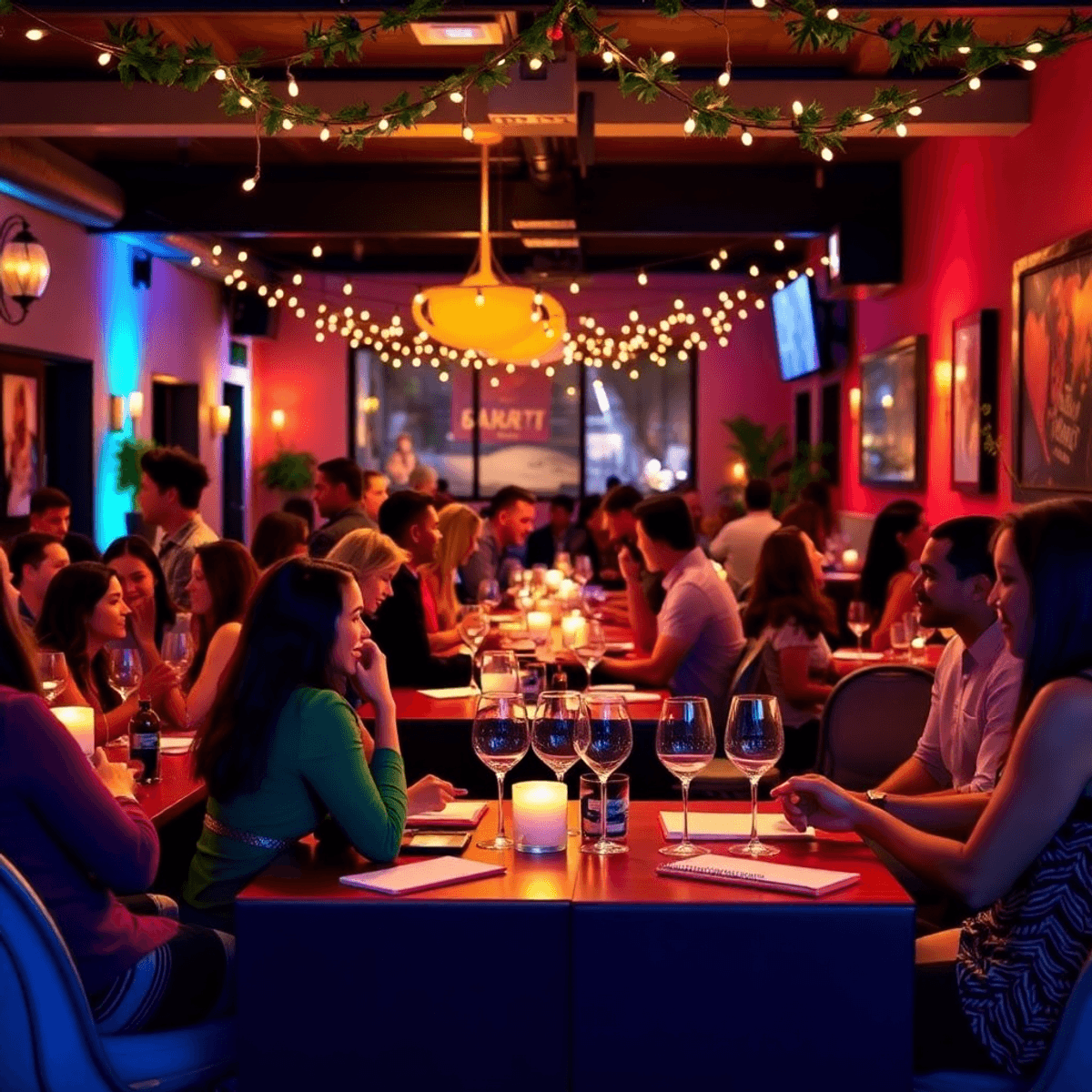 A lively speed dating event in Rancho Cordova with singles engaged in conversation at tables, surrounded by warm lighting, candles, flowers, wine g...