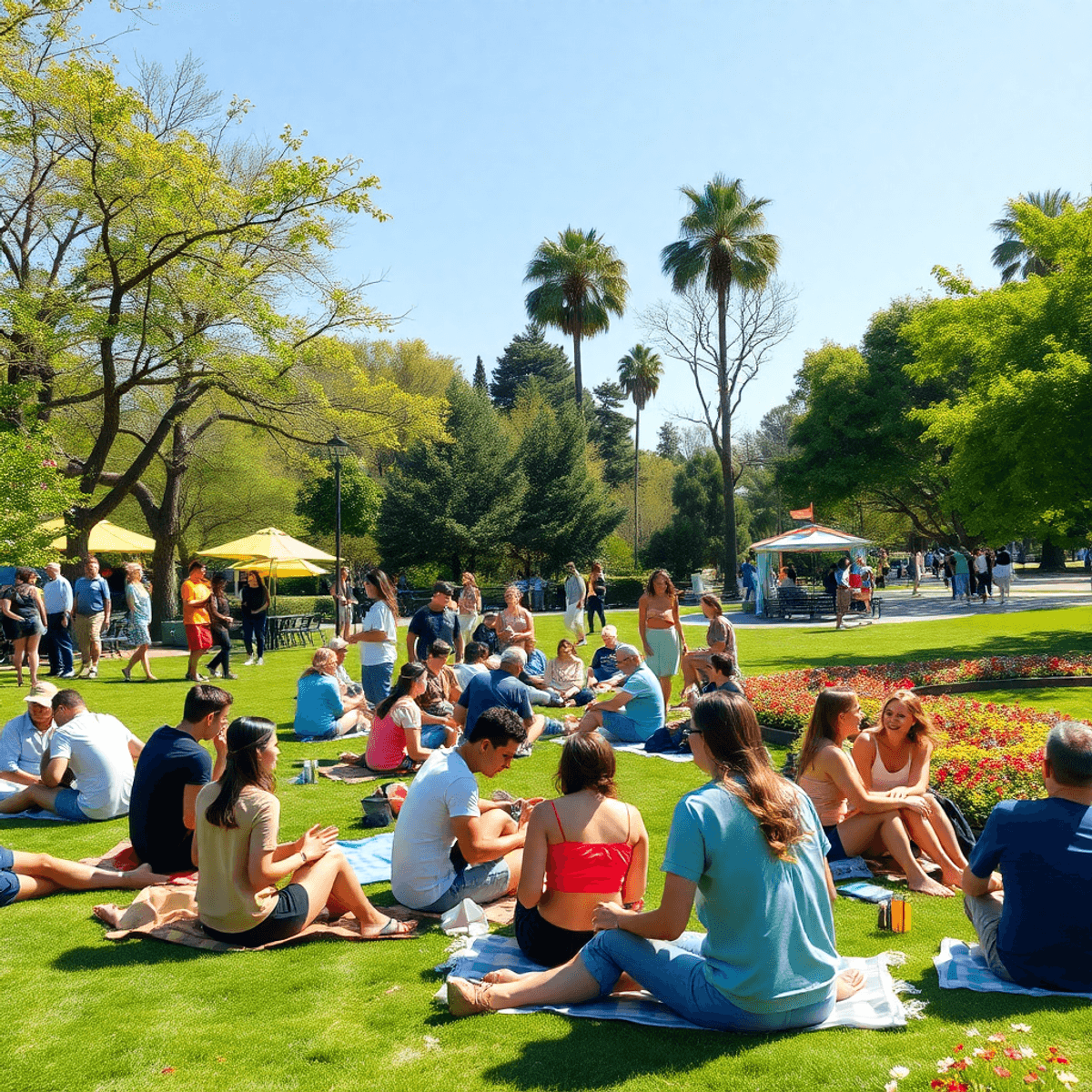 A scenic park in Lakewood, California, filled with people enjoying a sunny day, picnicking, socializing, and participating in playful activities am...