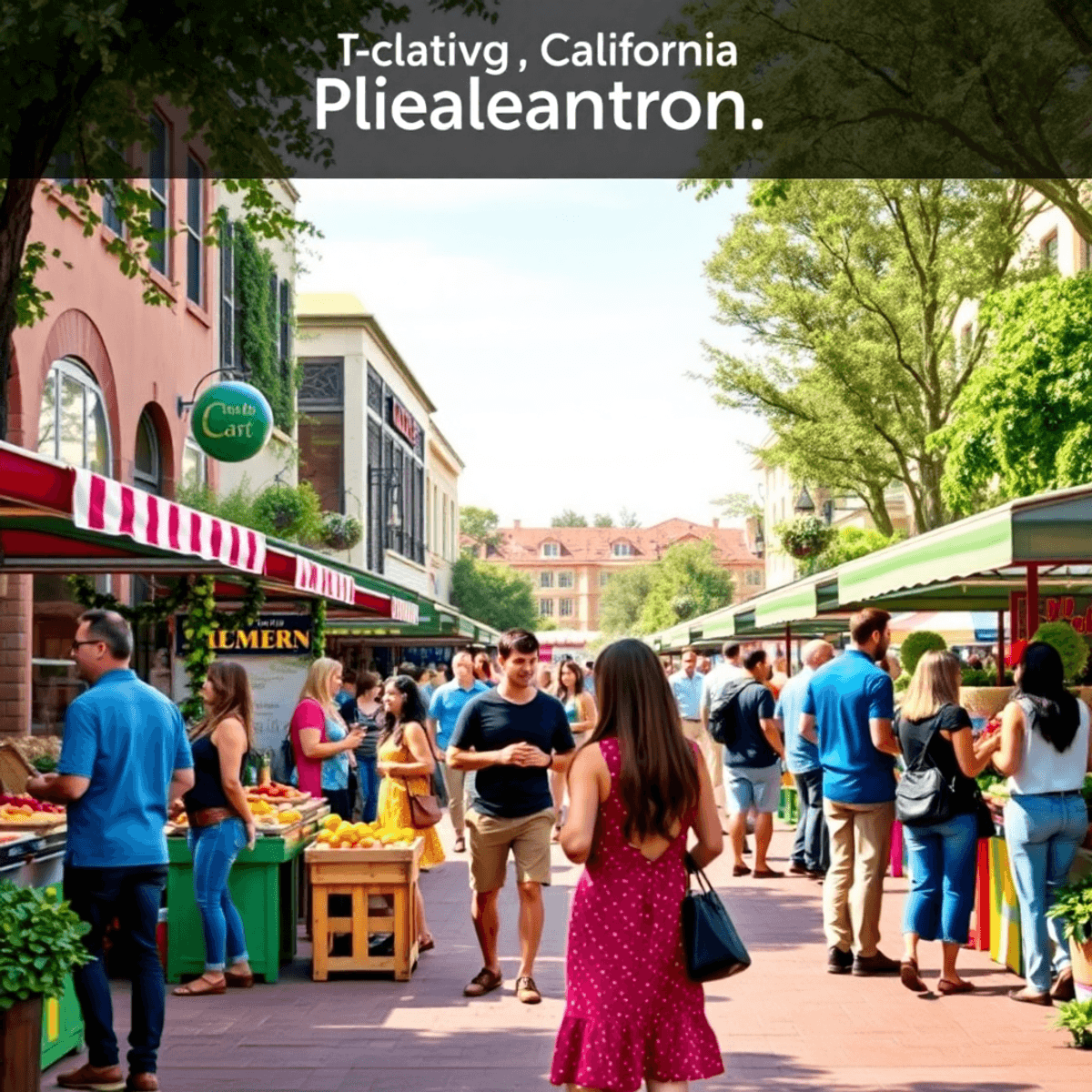 A lively farmers' market in Pleasanton, California, with colorful stalls and people socializing amidst charming downtown architecture and greenery.