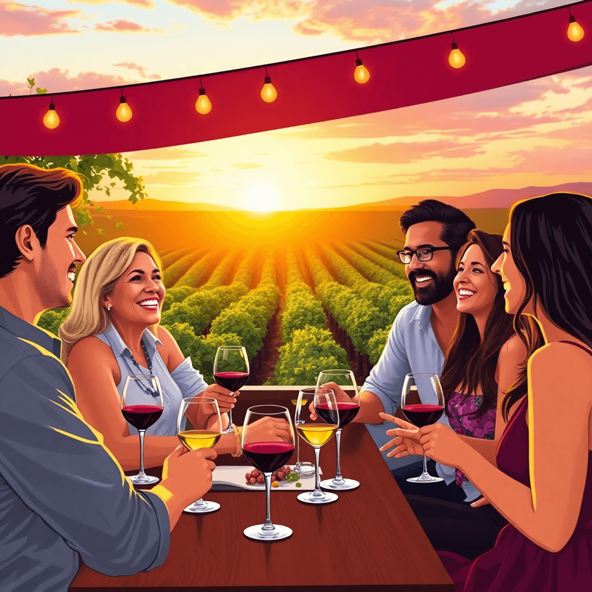 A lively wine tasting party scene with singles enjoying wine, laughing, and conversing against a backdrop of lush vineyards and a warm sunset.