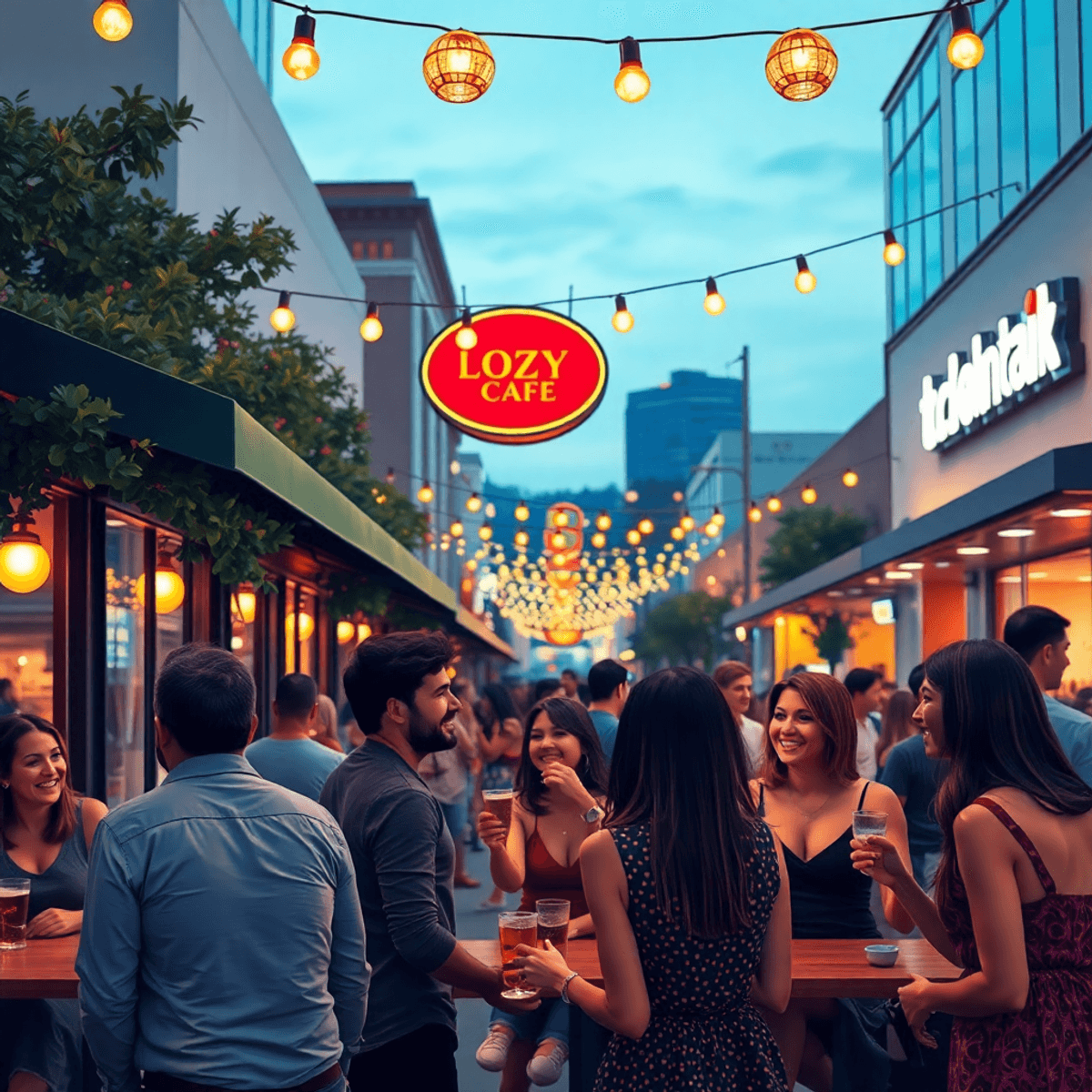 A lively night scene in Mountain View, California, with cozy cafes, warm lights, and people enjoying conversation outdoors amid modern buildings an...
