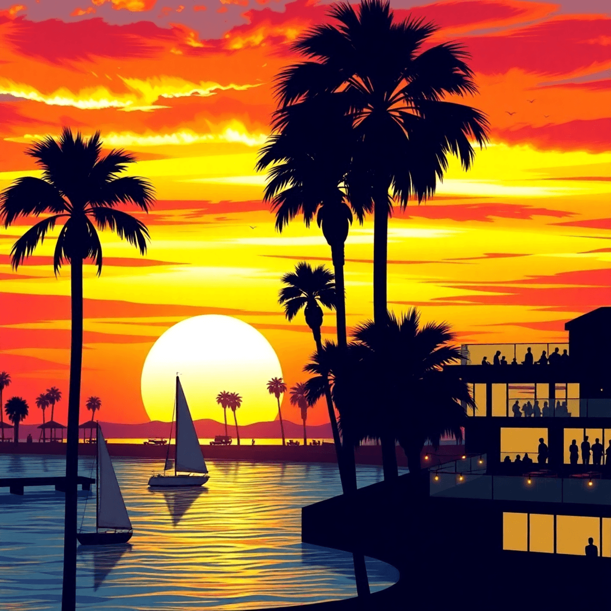A vibrant sunset over Newport Beach, silhouetted palm trees, a sailboat on the water, and a stylish rooftop lounge create a romantic coastal scene.