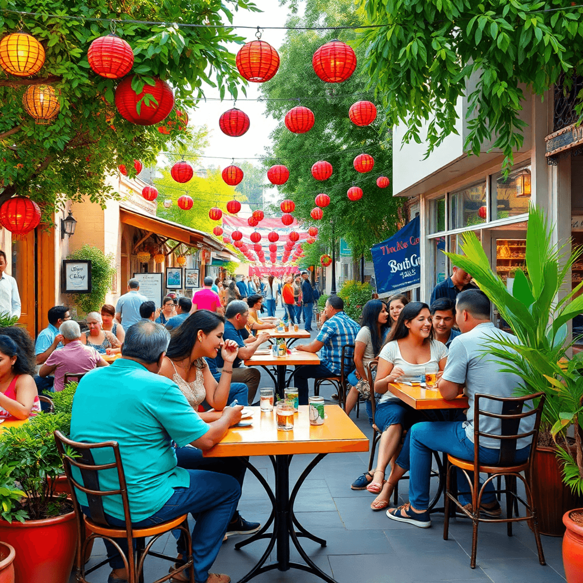 A lively outdoor café scene in South Gate, California, filled with people enjoying meals and drinks amidst colorful decorations and lush greenery, ...