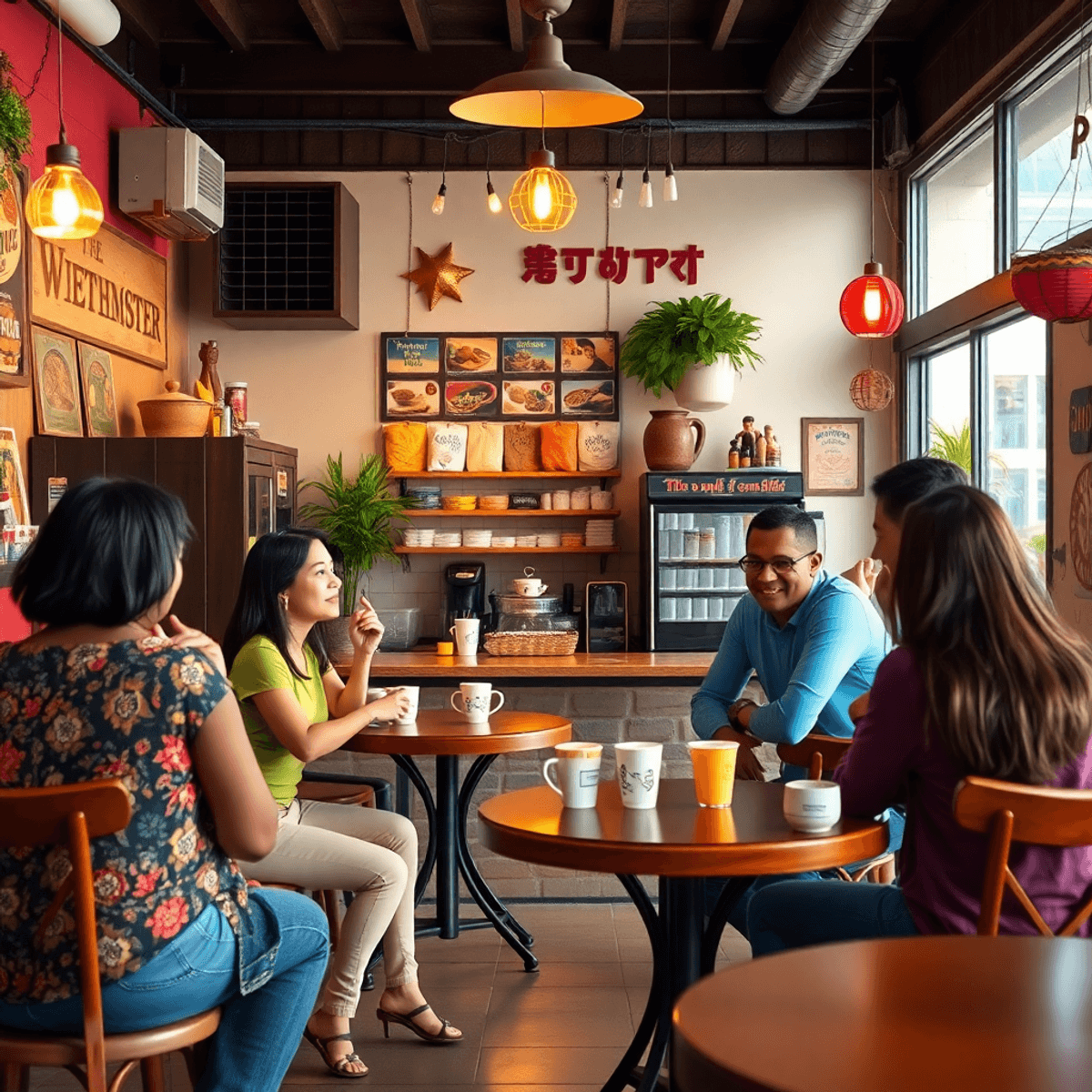 A cozy coffee shop in Westminster, California, featuring vibrant decorations, food displays, and singles engaging in lively conversation in a warm,...