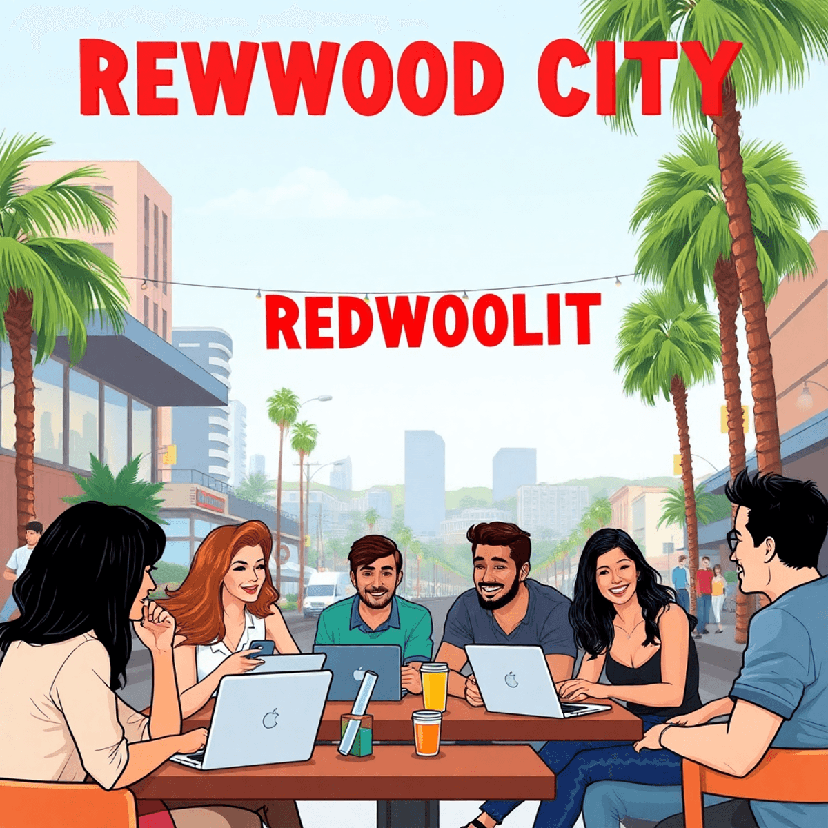 A lively coffee shop scene in Redwood City, California, with singles chatting over laptops and smartphones, surrounded by palm trees and urban arch...