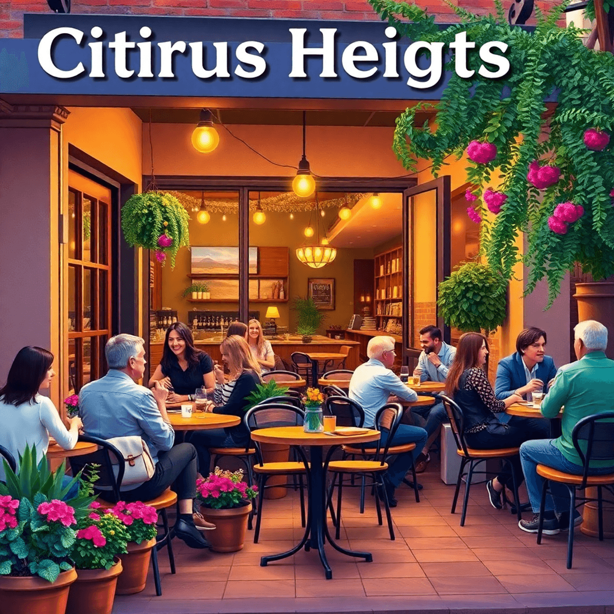 A cozy coffee shop patio in Citrus Heights, filled with people enjoying drinks and conversations, surrounded by colorful flowers and warm lighting,...