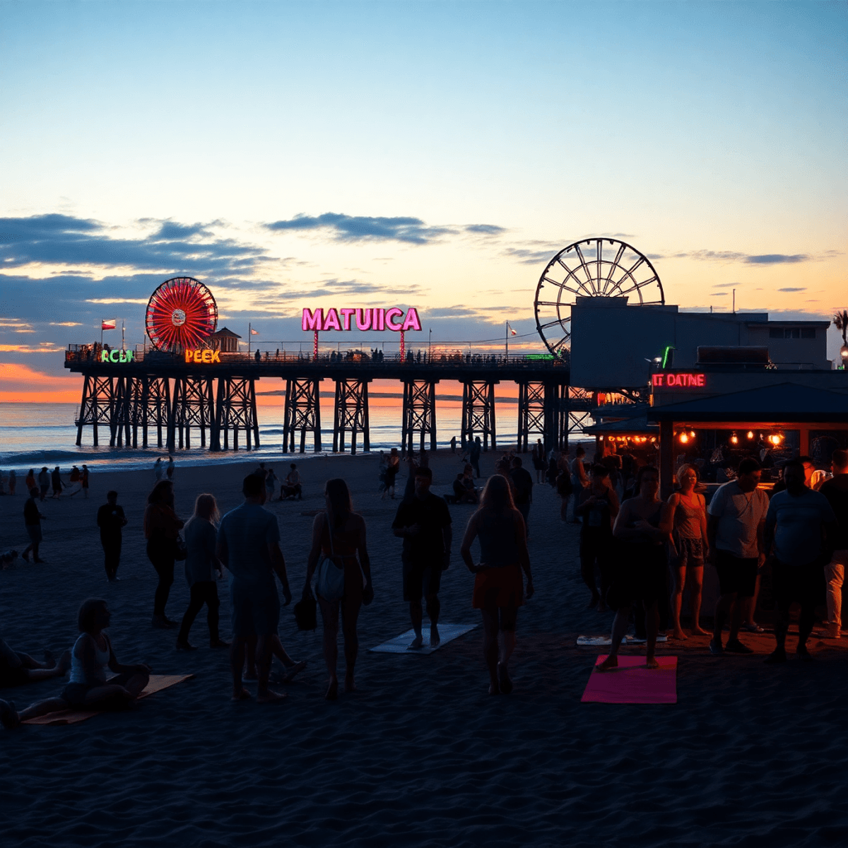A vibrant beach at sunset with a lively pier, colorful lights, silhouettes of people, beach bars, yoga mats, and couples mingling, capturing the es...