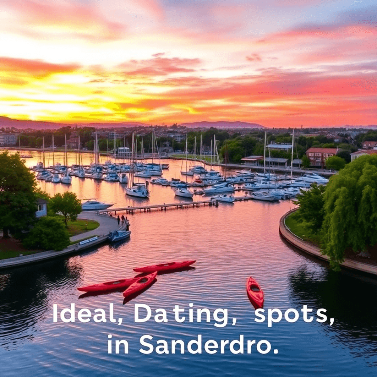 A serene sunset at San Leandro Marina Park, showcasing vibrant colors reflecting on the water with kayaks and paddleboards floating amidst lush gre...