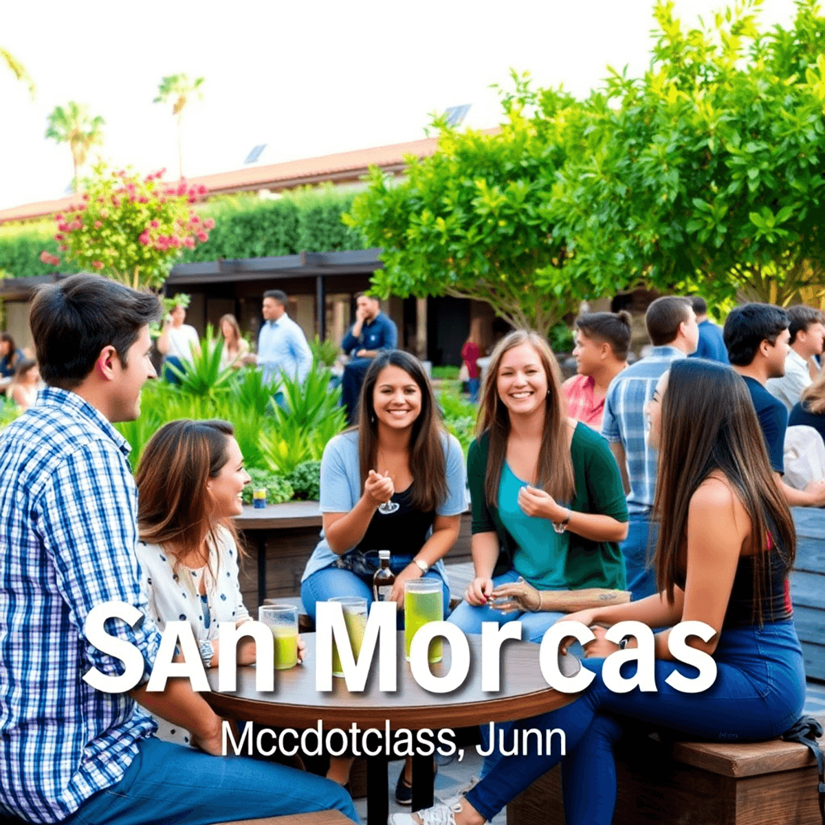 A lively outdoor gathering in San Marcos, California, with young professionals enjoying social activities amidst greenery and casual seating, showc...