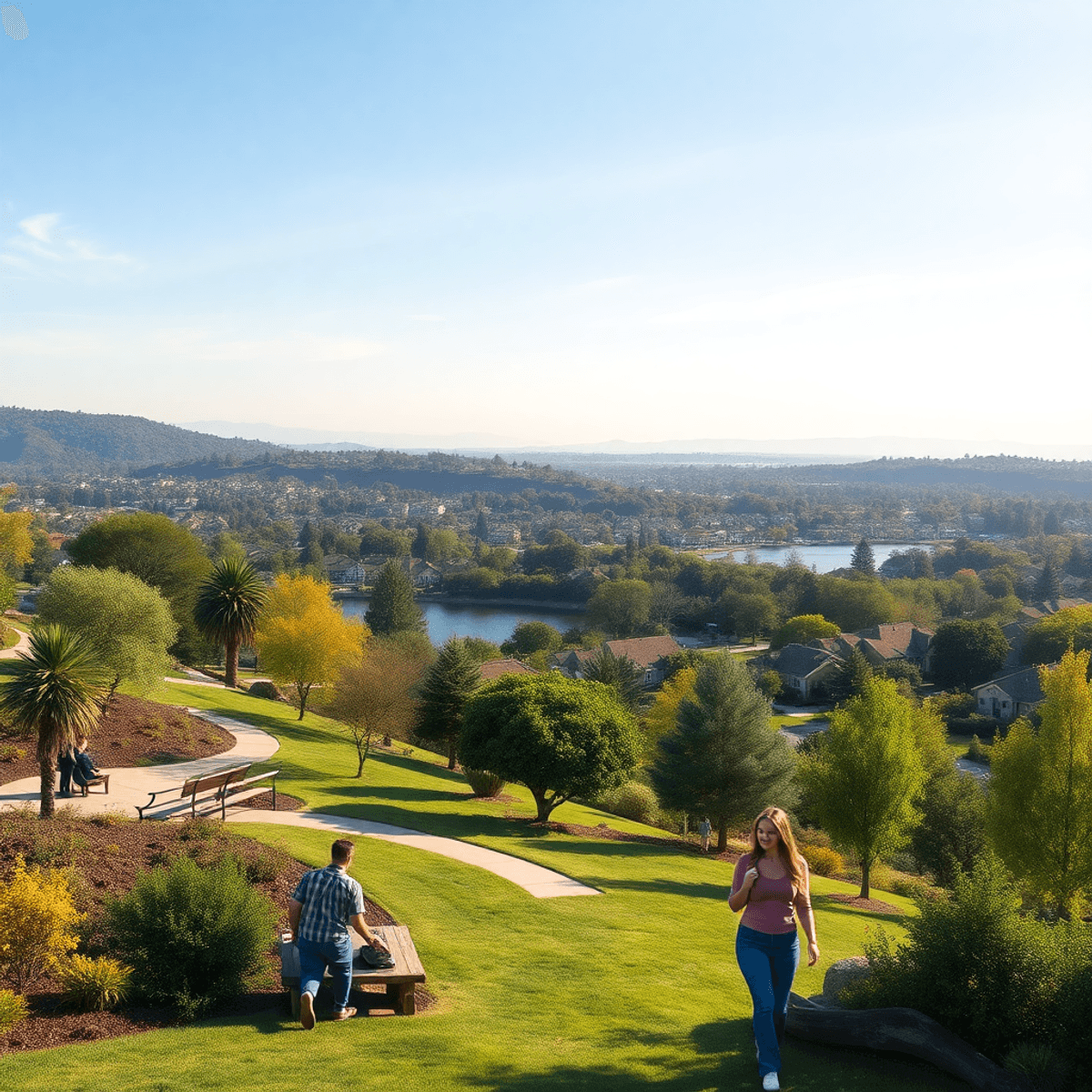 A picturesque park in Lake Forest, California, showcasing lush greenery, hiking trails, and couples enjoying picnics and walks in a vibrant outdoor...