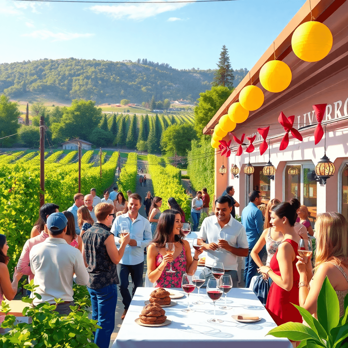 A lively outdoor wine-tasting event in Livermore, California, with lush vineyards, wine glasses, cheerful decorations, and singles enjoying the vib...