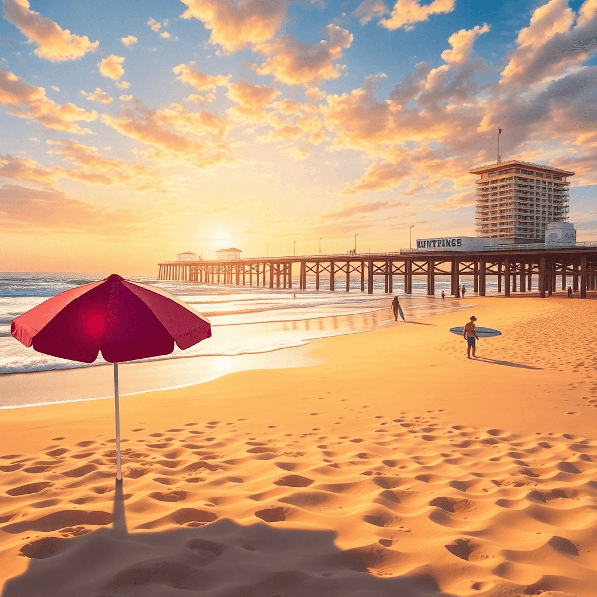 A vibrant beach scene at Huntington Beach, featuring golden sands, the iconic pier, surfers riding waves, and a couple walking hand-in-hand under a...