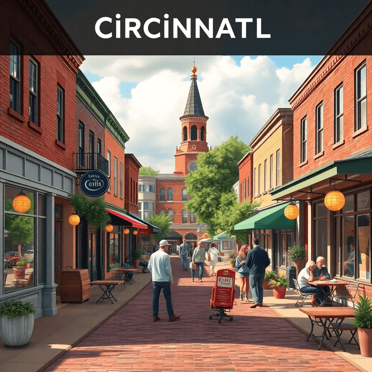 A vibrant small-town street in Cincinnati, Arkansas, bustling with people socializing outside local shops and cafes, creating a warm, inviting atmo...