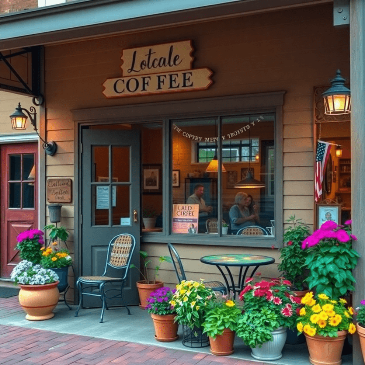 A cozy coffee shop with outdoor seating, surrounded by colorful flowers, creating a warm atmosphere for community gatherings and socializing.
