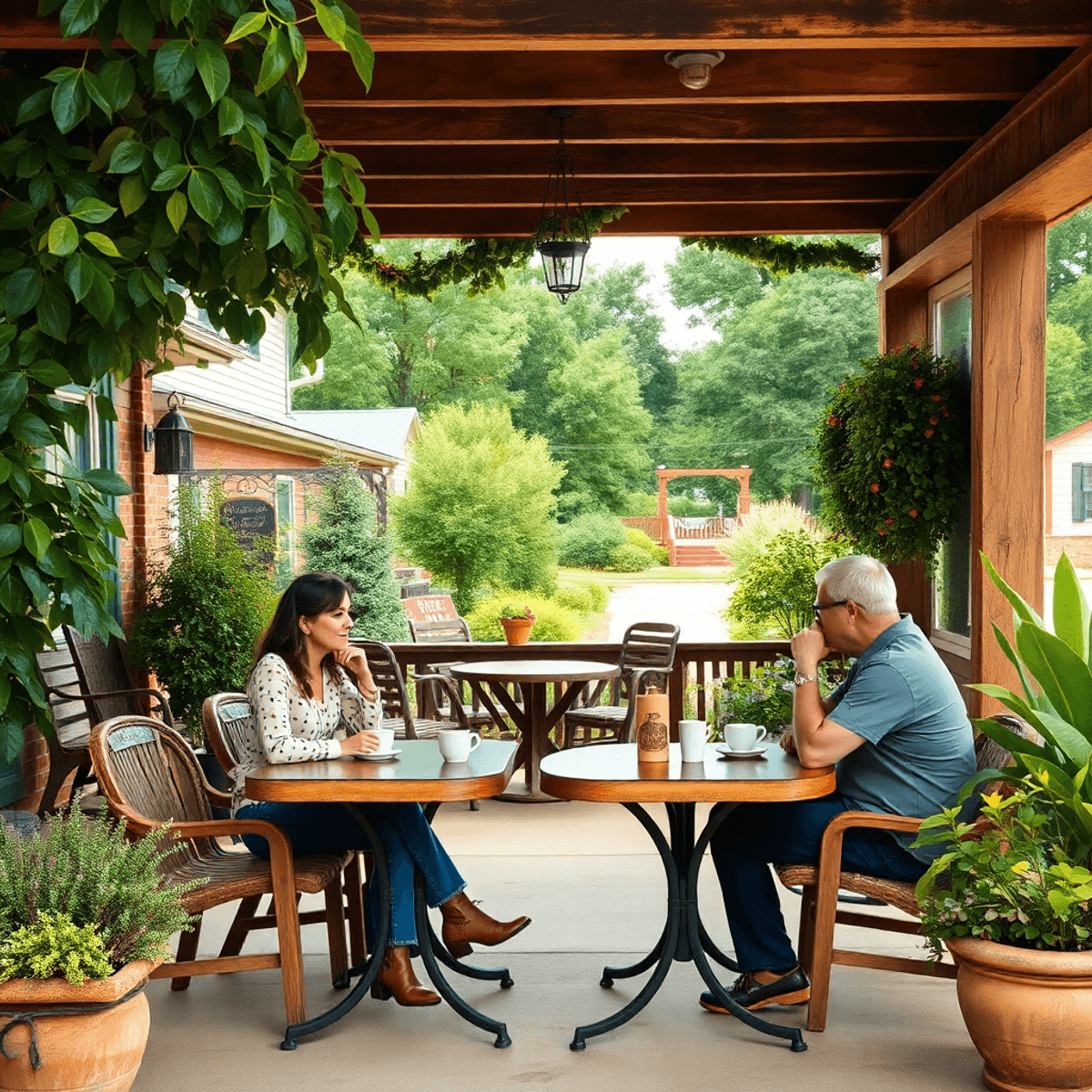 A cozy outdoor café in a small town, with couples enjoying coffee amidst lush greenery and rustic decor, reflecting a blend of tradition and modern...