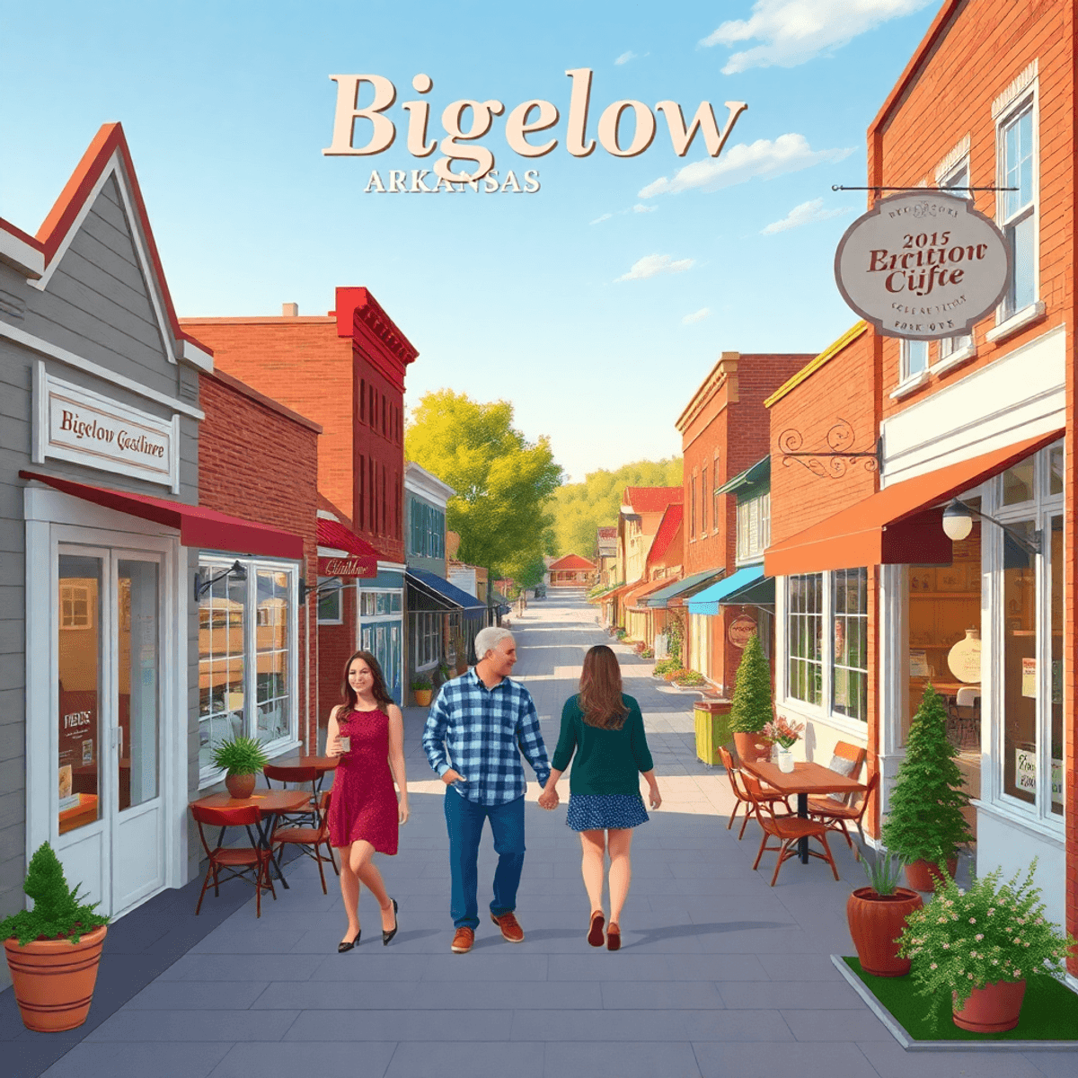 A charming small-town main street in Bigelow, Arkansas, with quaint shops and cafes, featuring couples enjoying coffee together, creating a warm an...