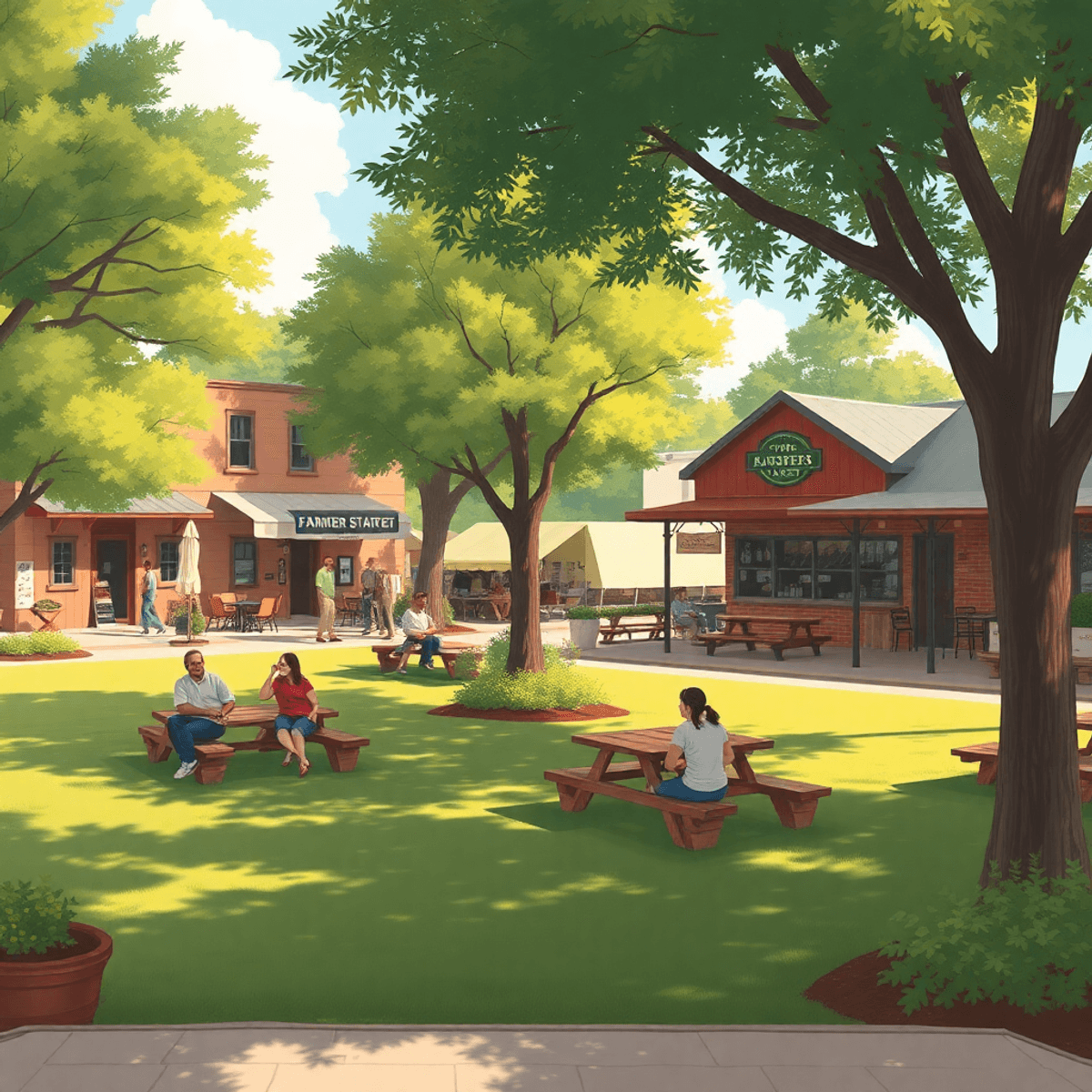 A sunny small-town park scene in Tull, Arkansas, with people enjoying the day, trees, picnic areas, a local café with outdoor seating, and a farmer...