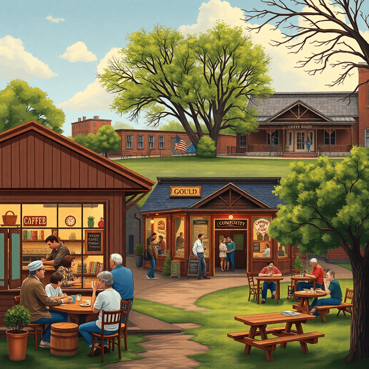 A cozy coffee shop bustling with people, a lively community center, and a picturesque park with couples picnicking, all reflecting warmth and south...