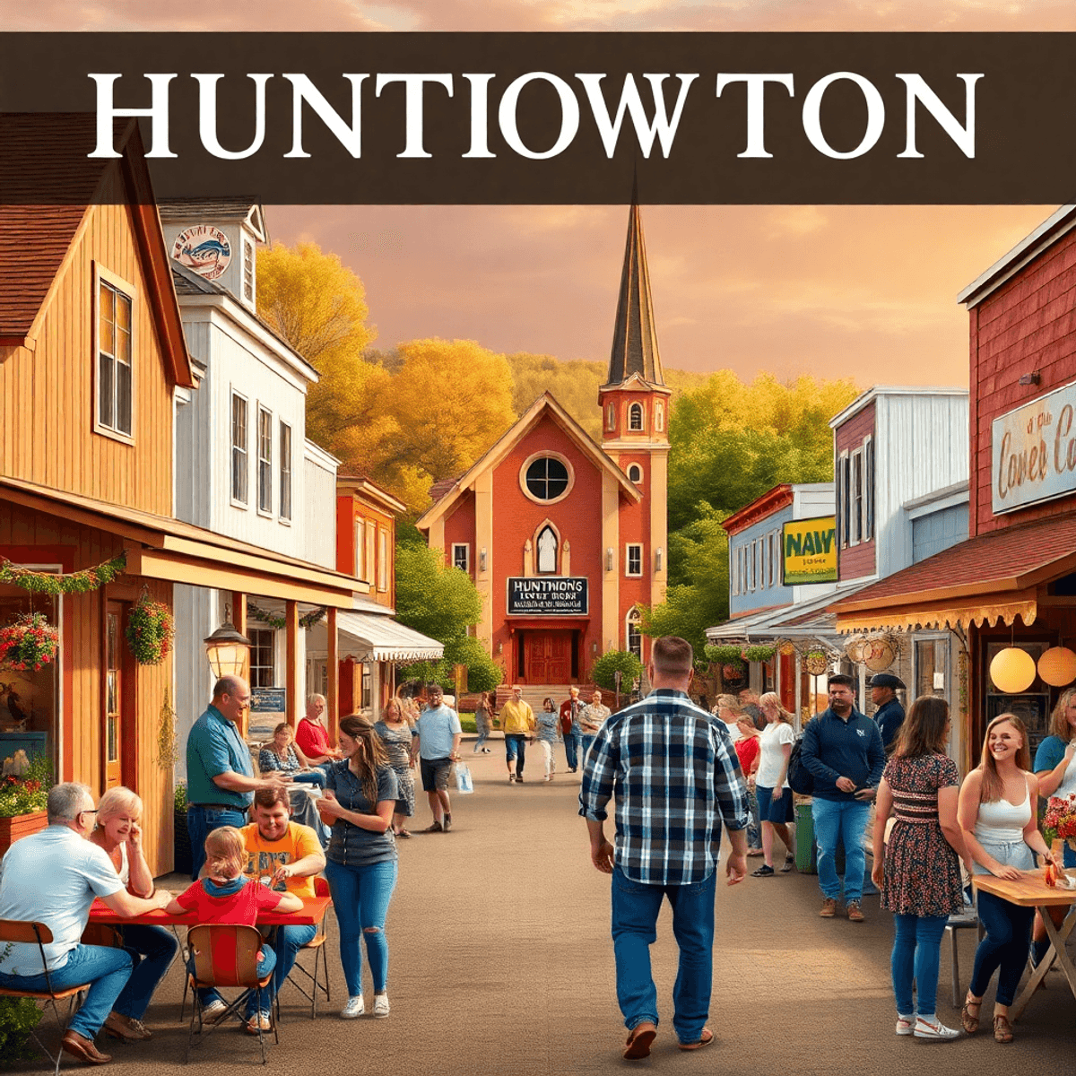 A scenic small town in Huntington, Arkansas, with a quaint church, a lively sports event, and couples enjoying outdoor activities, exuding warmth a...