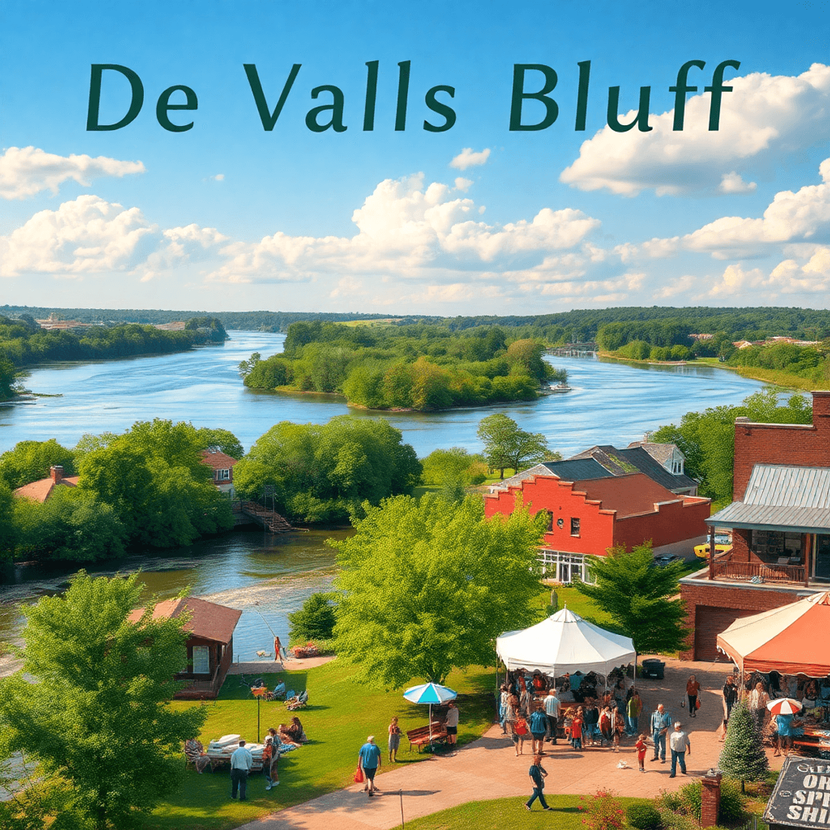 A serene riverside scene in De Valls Bluff, Arkansas, featuring the White River, fishing spots, nature trails, and a lively community event that fo...