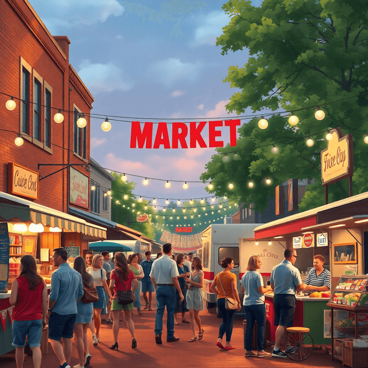A lively small-town market scene with local vendors and food trucks, filled with people enjoying the atmosphere and connecting in a warm, inviting ...
