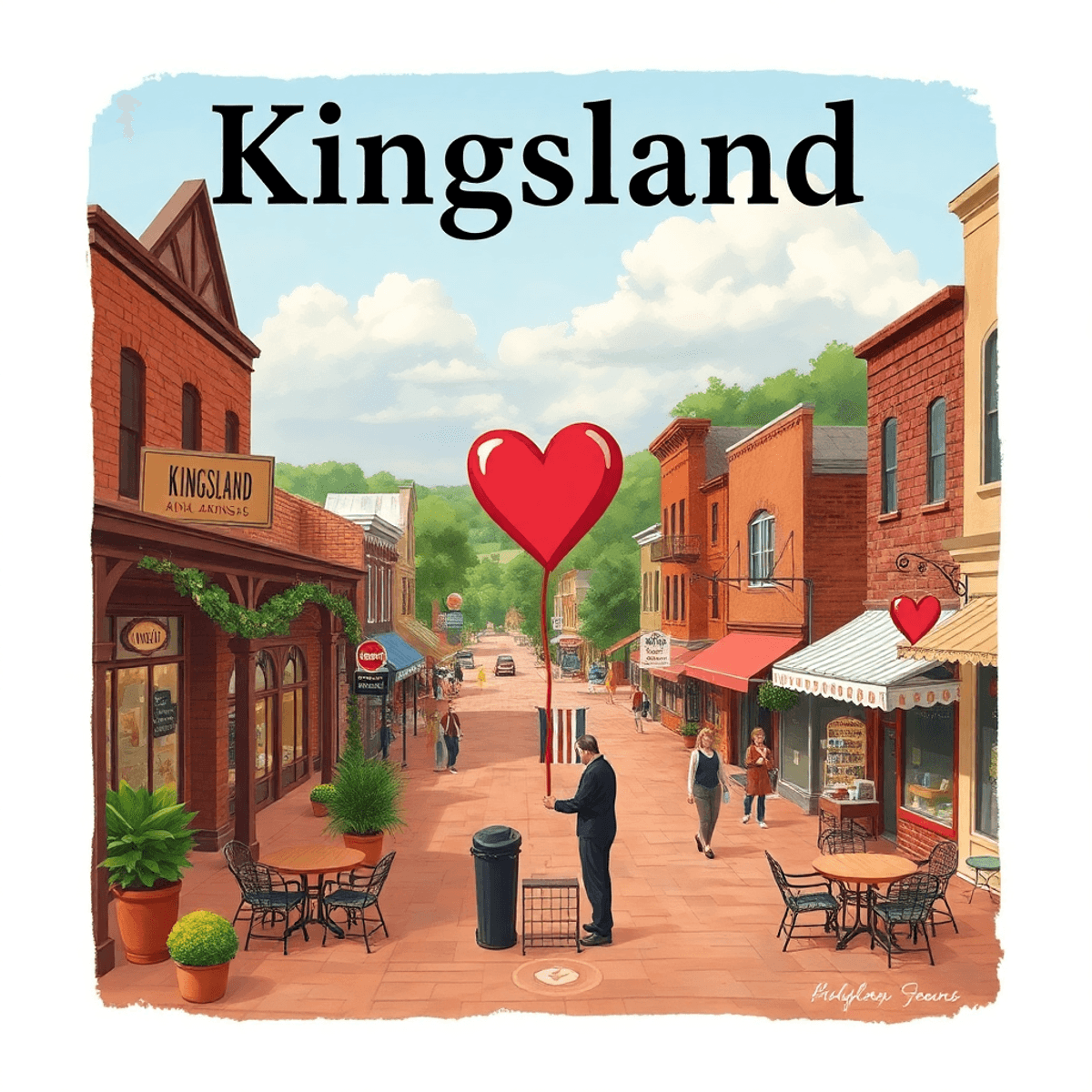 A charming small town main street in Kingsland, Arkansas, showcasing quaint shops and community spaces adorned with hearts, symbolizing connection ...