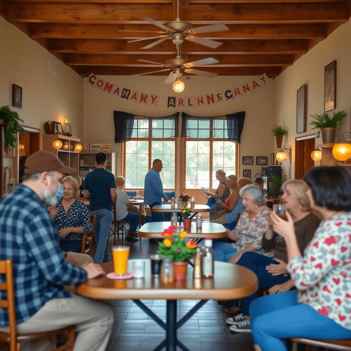 A lively community center in Holly Grove, Arkansas, filled with singles participating in activities and mixers, showcasing local decorations and a ...