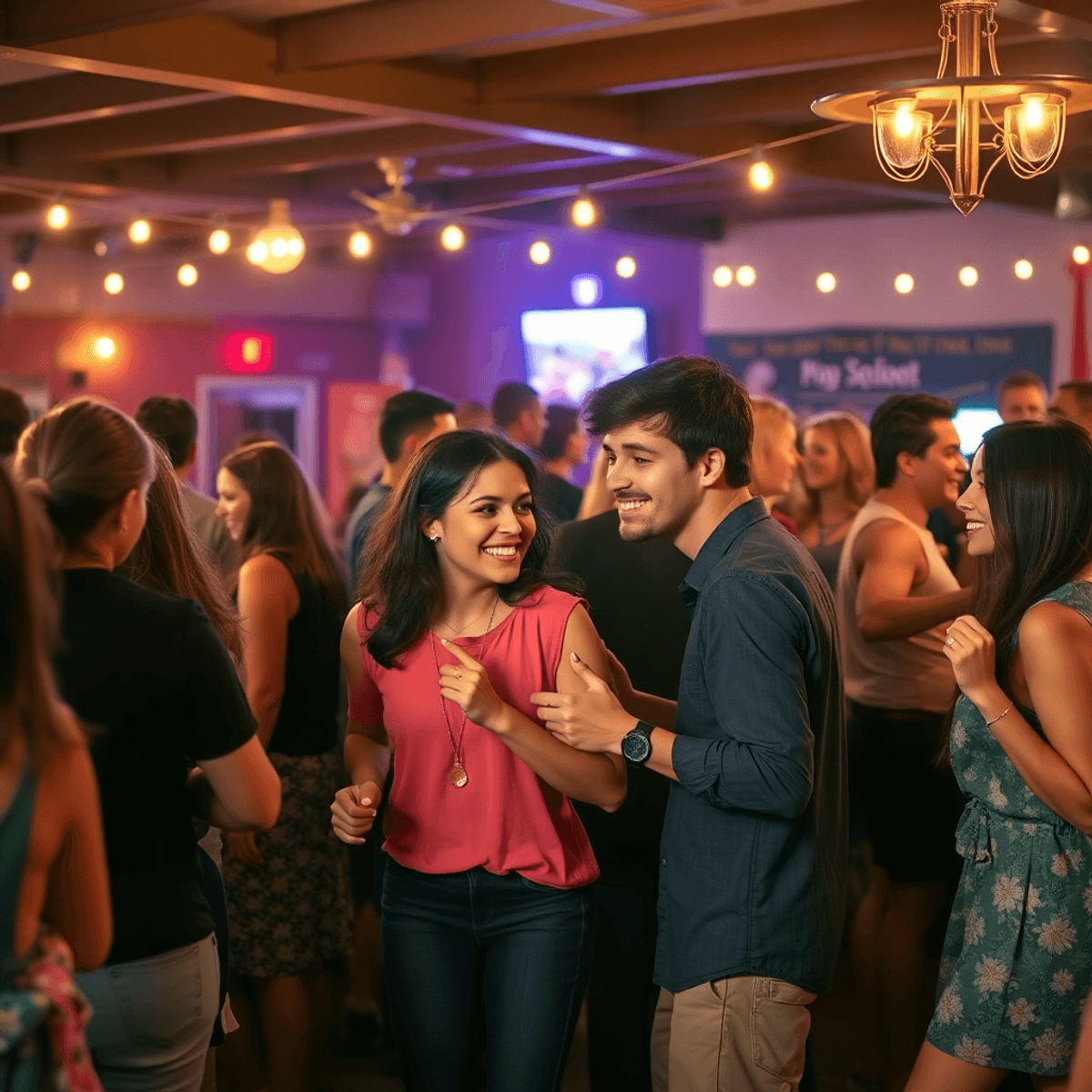 A lively singles dance at the Belleville Legion, showcasing young adults enjoying music, dancing, and socializing under warm lights, highlighting c...