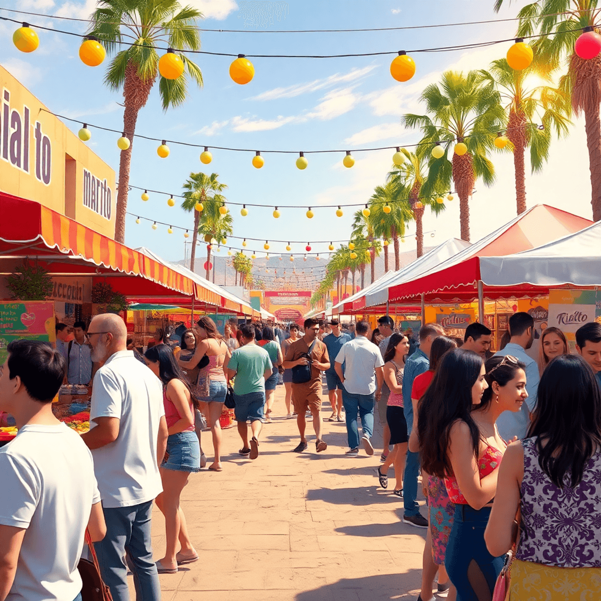 A lively outdoor community event in Rialto, California, with colorful market stalls, people chatting, and live music, creating a warm and inviting ...