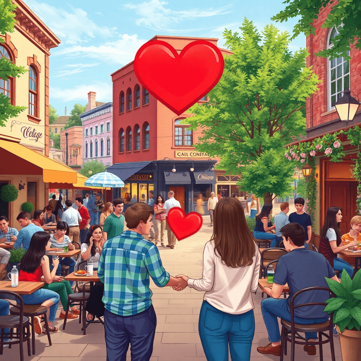 A lively downtown scene in Chico, California, showcasing cozy cafes, young adults socializing, and symbols of connection amidst charming architectu...