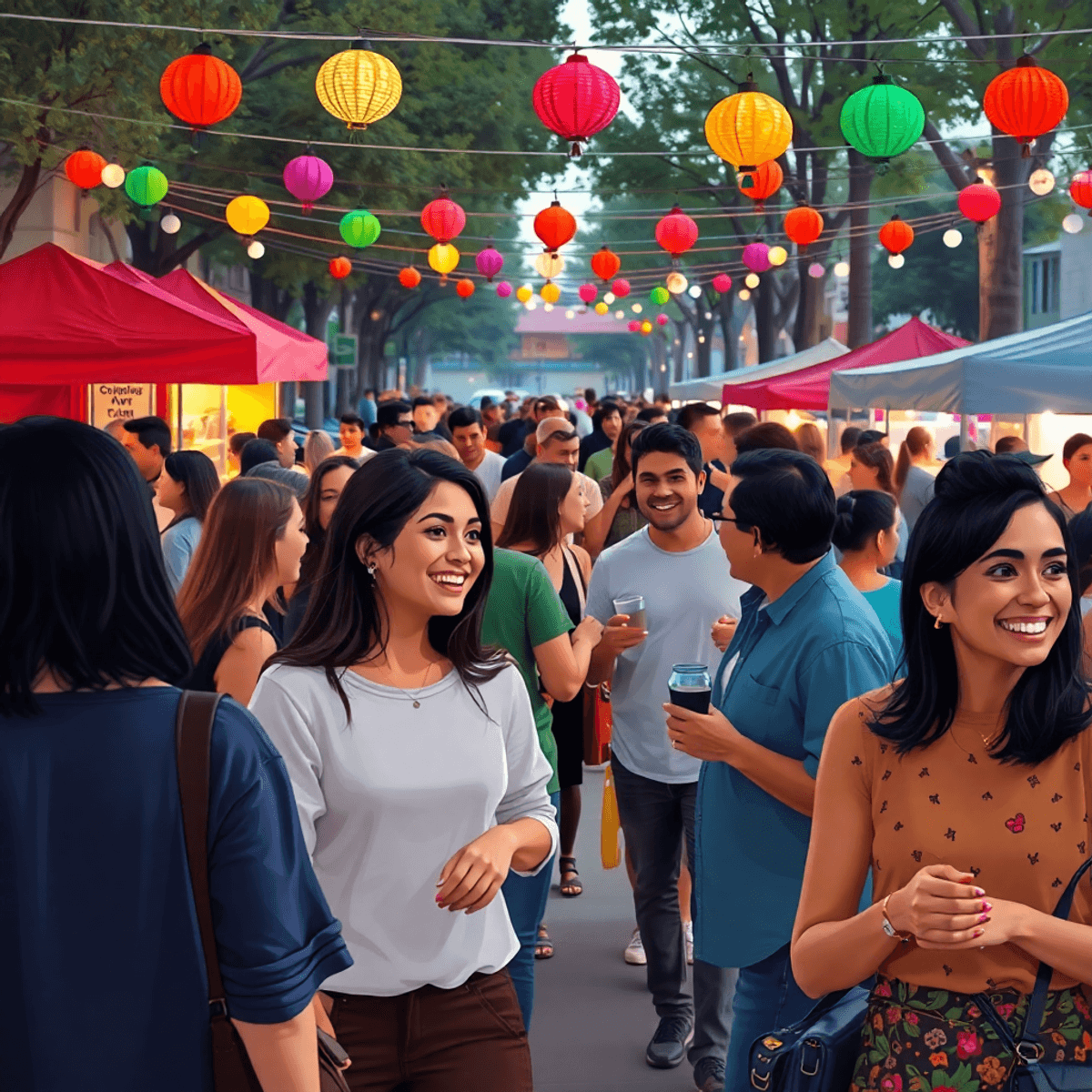 A lively outdoor social event in Arden-Arcade, California, showcasing colorful decorations and food stalls with people mingling and enjoying the vi...