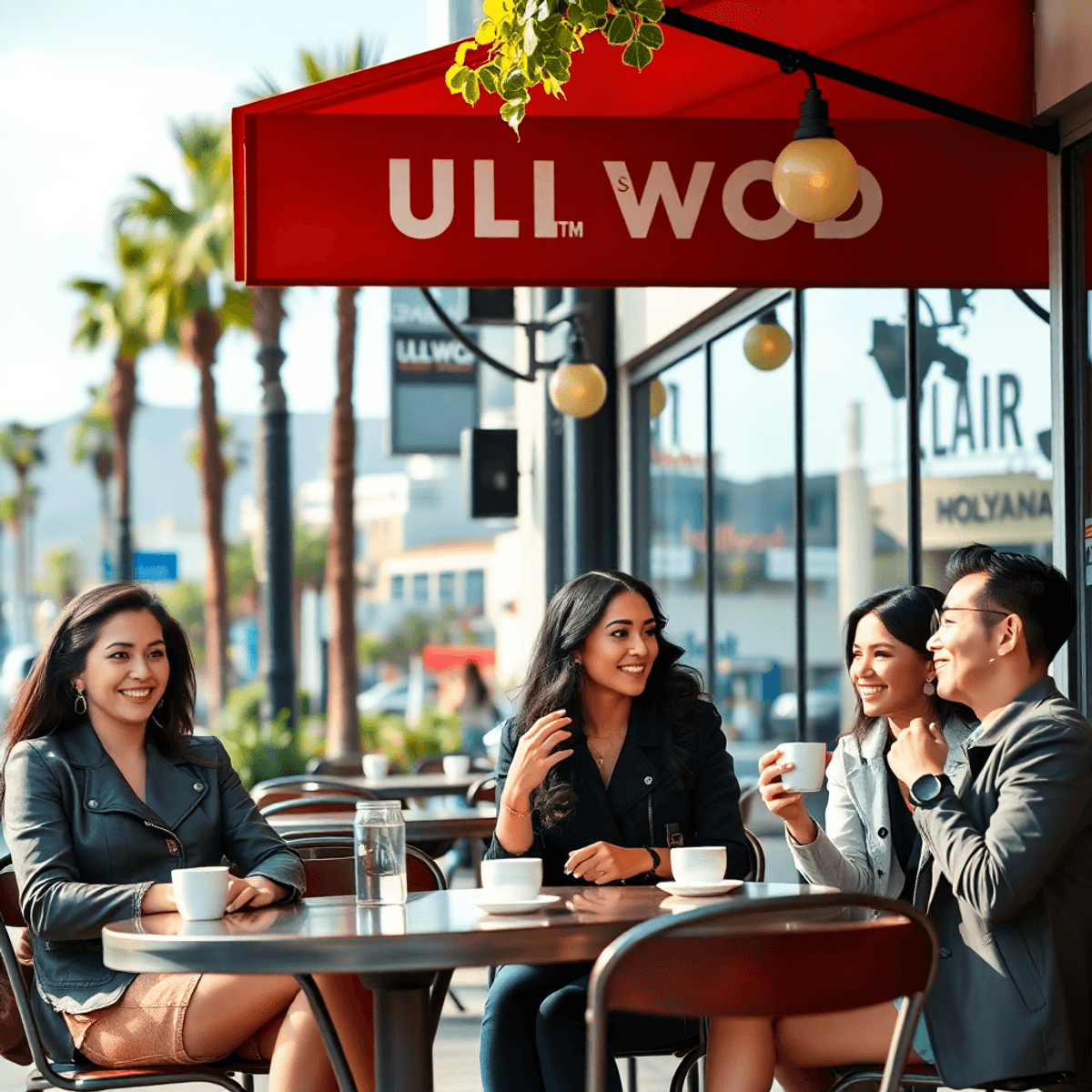 A lively street scene in Burbank, California, featuring a charming café with outdoor seating, young professionals enjoying coffee and chatting, wit...