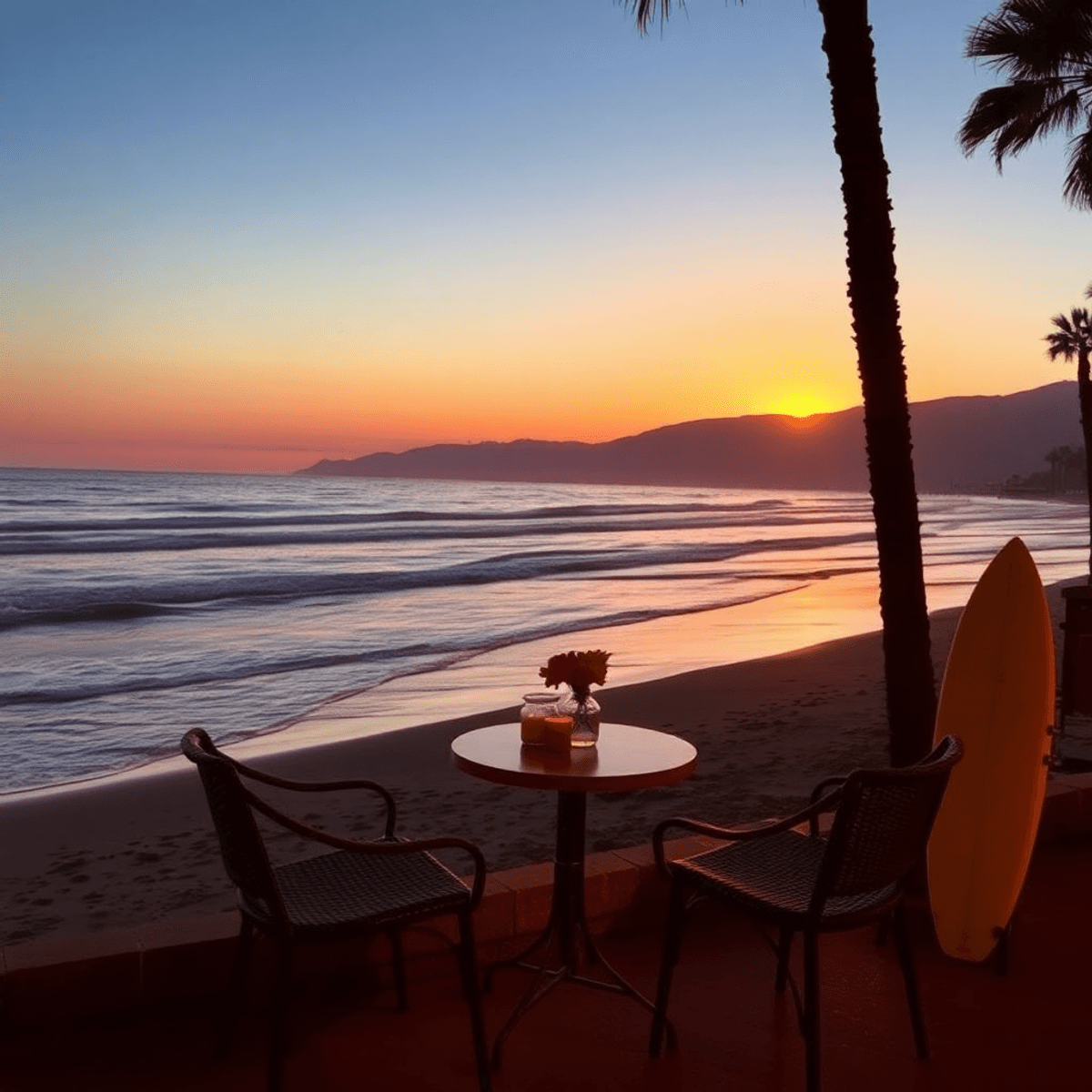 A stunning sunset over a pristine beach, with soft waves and a cozy outdoor café featuring empty chairs and a table, surrounded by palm trees and s...