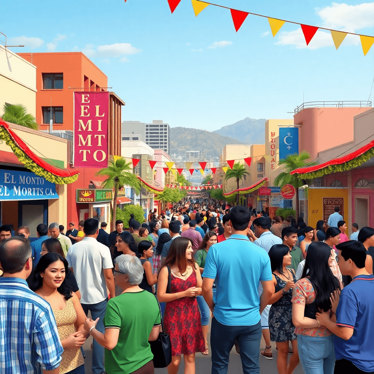 A bustling city scene in El Monte, California, featuring singles mingling at a lively event with colorful banners and cultural decorations, capturi...