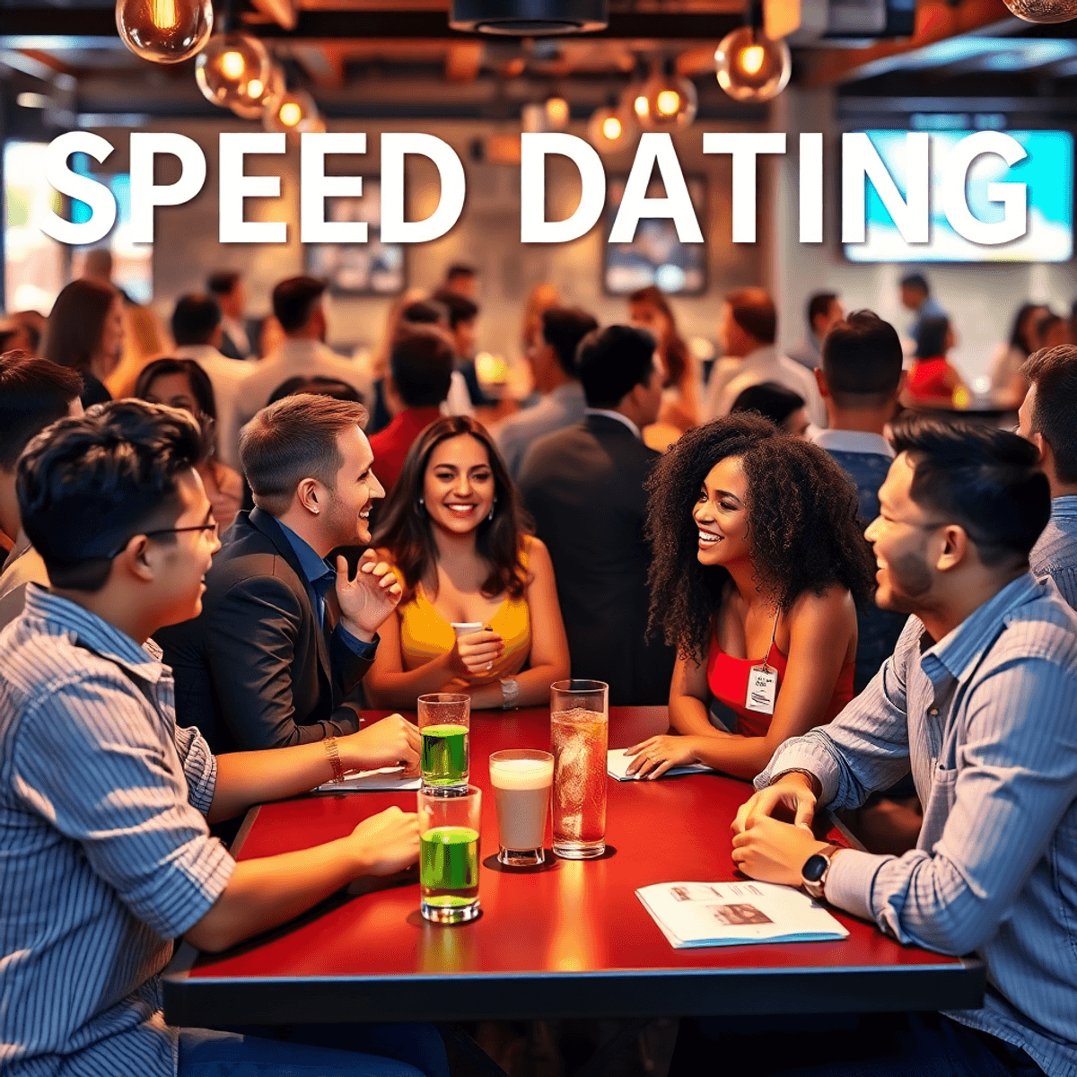 A lively speed dating event with singles engaging in conversation, laughing, and enjoying drinks at tables, creating an atmosphere of excitement an...