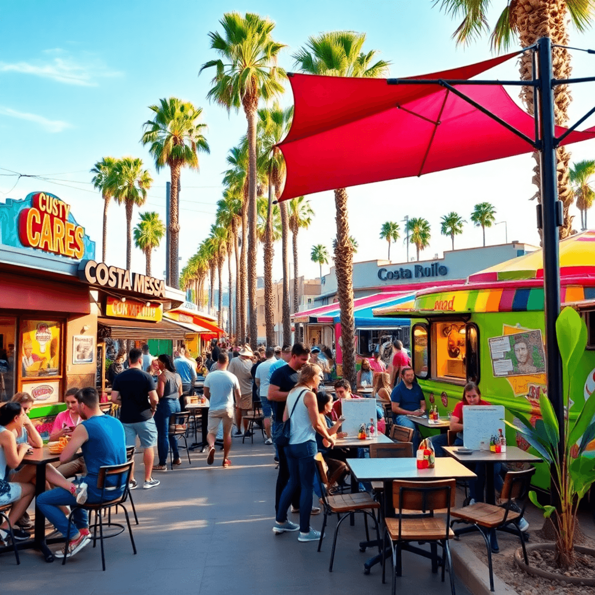 A lively outdoor scene in Costa Mesa with colorful food trucks, outdoor seating, and young professionals mingling under palm trees on a sunny day.