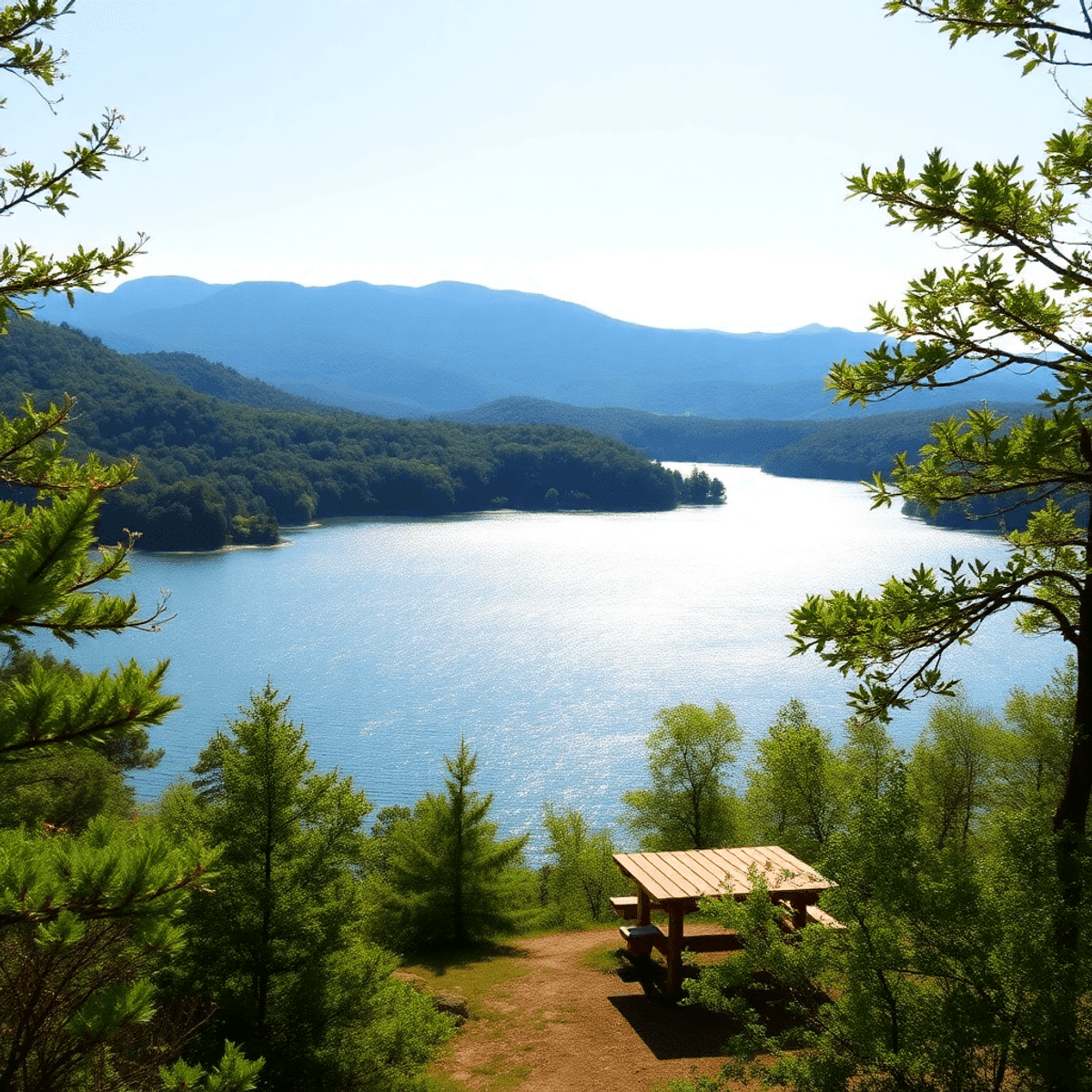 A serene view of Lake Fort Smith State Park with sparkling waters, lush greenery, and the Boston Mountains in the background, featuring hiking trai...
