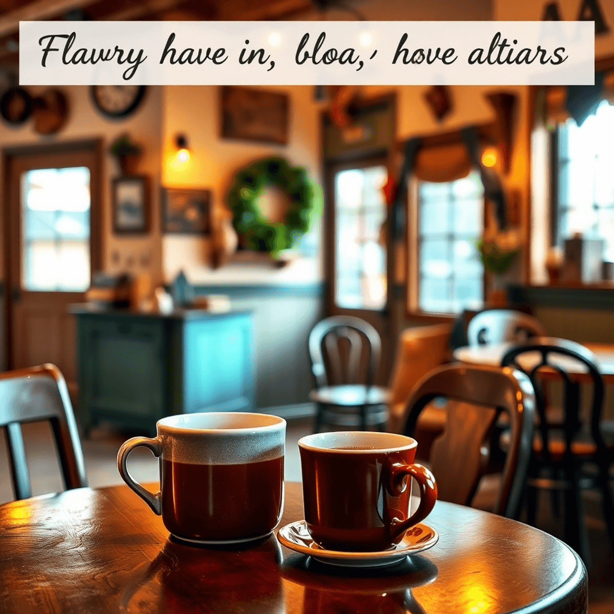A cozy café with a warm atmosphere, featuring two coffee cups on a rustic table, surrounded by charming decor that evokes community and connection.