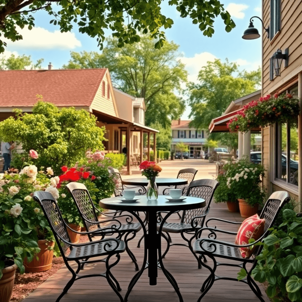 A cozy café with outdoor seating, surrounded by lush greenery and blooming flowers, featuring a table set for two with coffee cups and a small bouq...