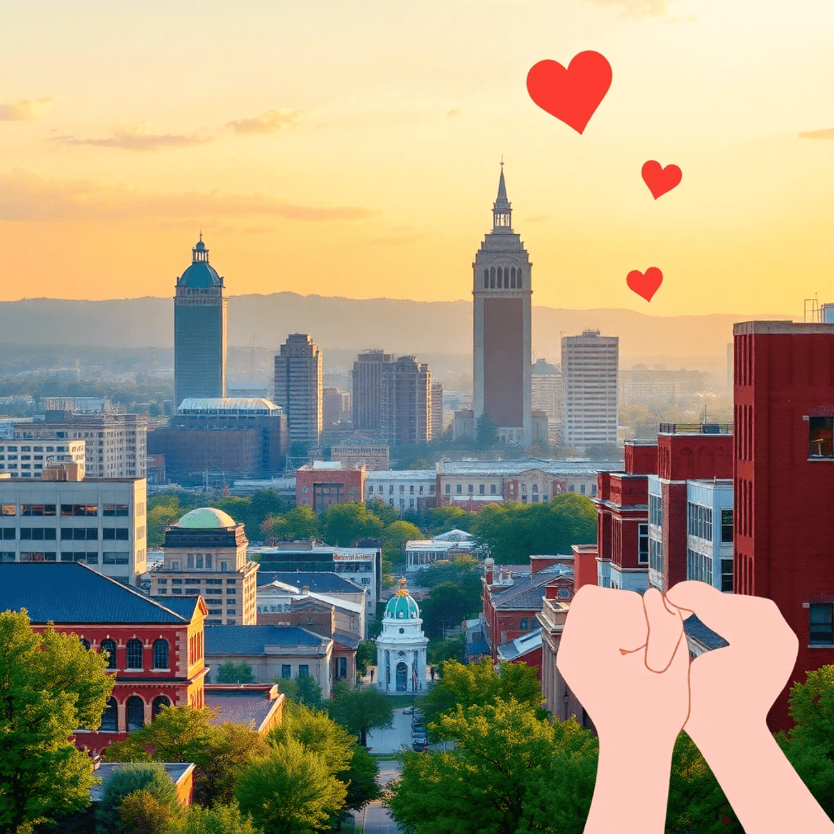 A vibrant cityscape of Knoxville, Arkansas, showcasing iconic landmarks and outdoor spaces, with subtle symbols of love like hearts integrated into...
