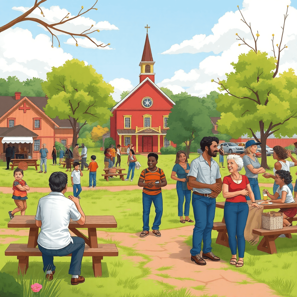 A cozy small-town park in Altheimer, Arkansas, with a picnic area and a church in the background, where people are enjoying friendly conversations ...