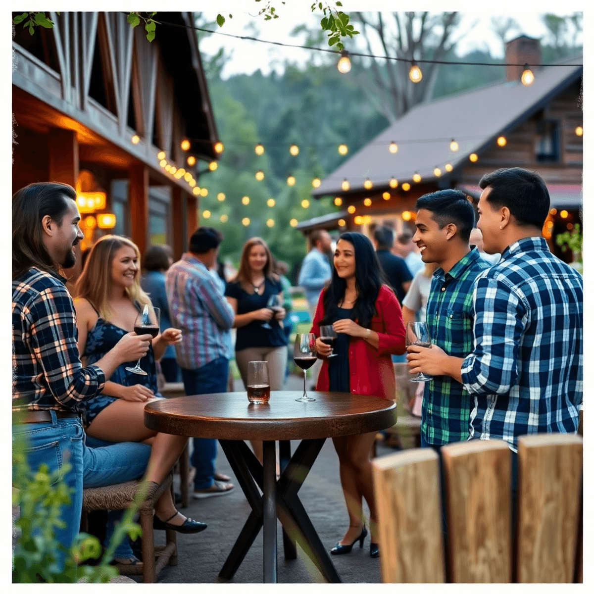 A lively outdoor event at a charming lodge in Summit, Arkansas, featuring singles mingling, enjoying live music and wine tasting amidst a warm, inv...