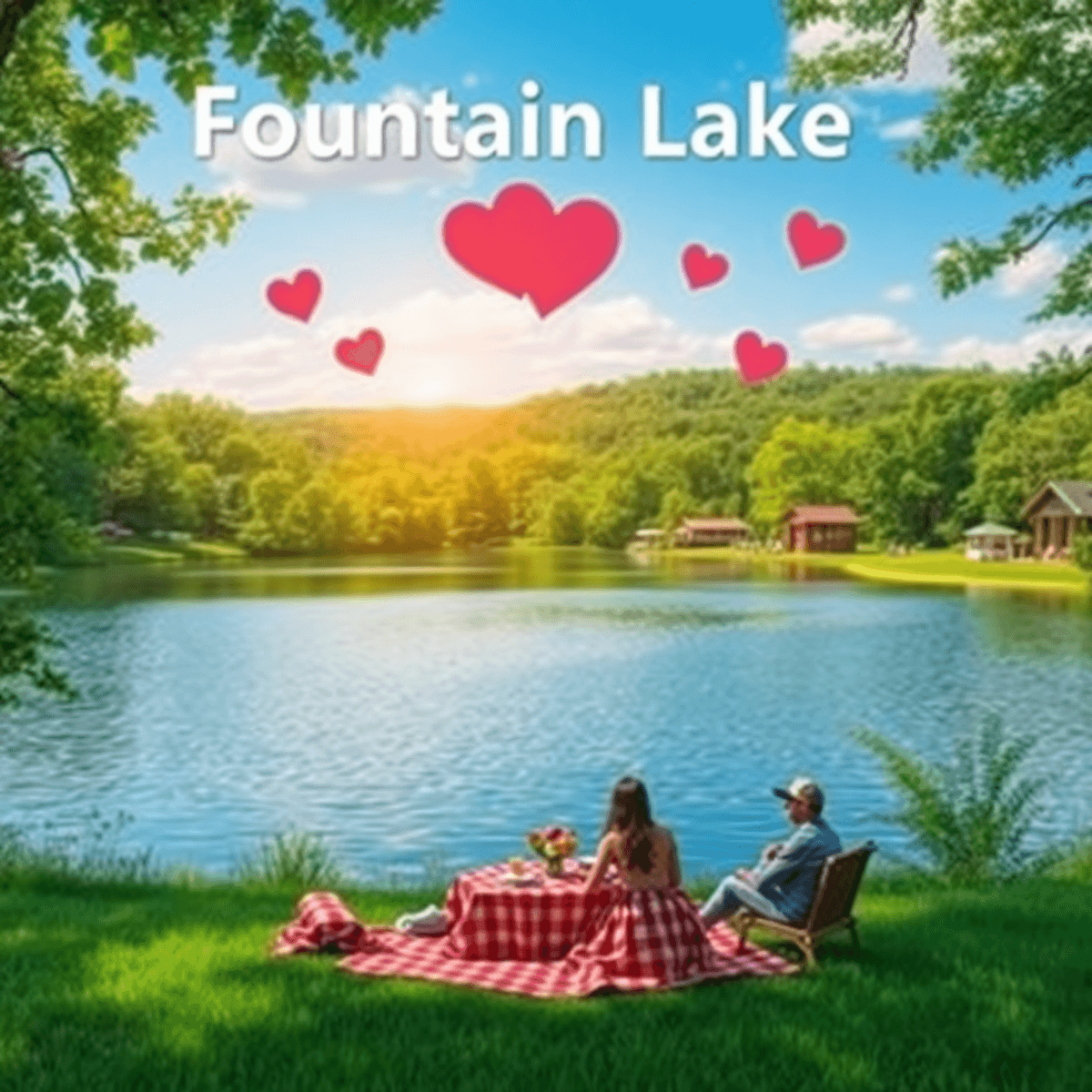 A scenic outdoor view of Fountain Lake, Arkansas, showcasing a picturesque lake with lush greenery, heart shapes in the landscape, and couples picn...