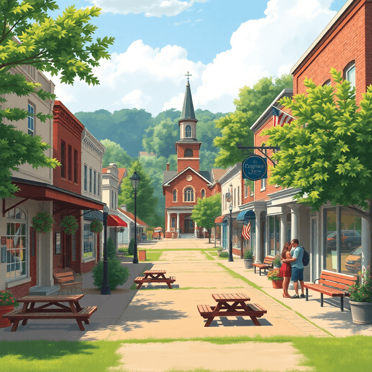 A charming small-town main street in Arkansas, lined with quaint shops and greenery, featuring a local church and outdoor spaces for community gath...