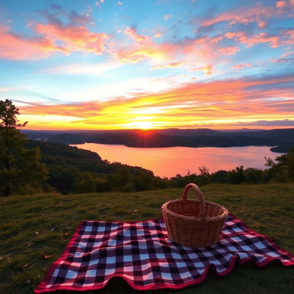 A serene sunset over Norfork Lake, with vibrant sky reflections on the water. A cozy picnic setup with a blanket and basket in the foreground, surr...