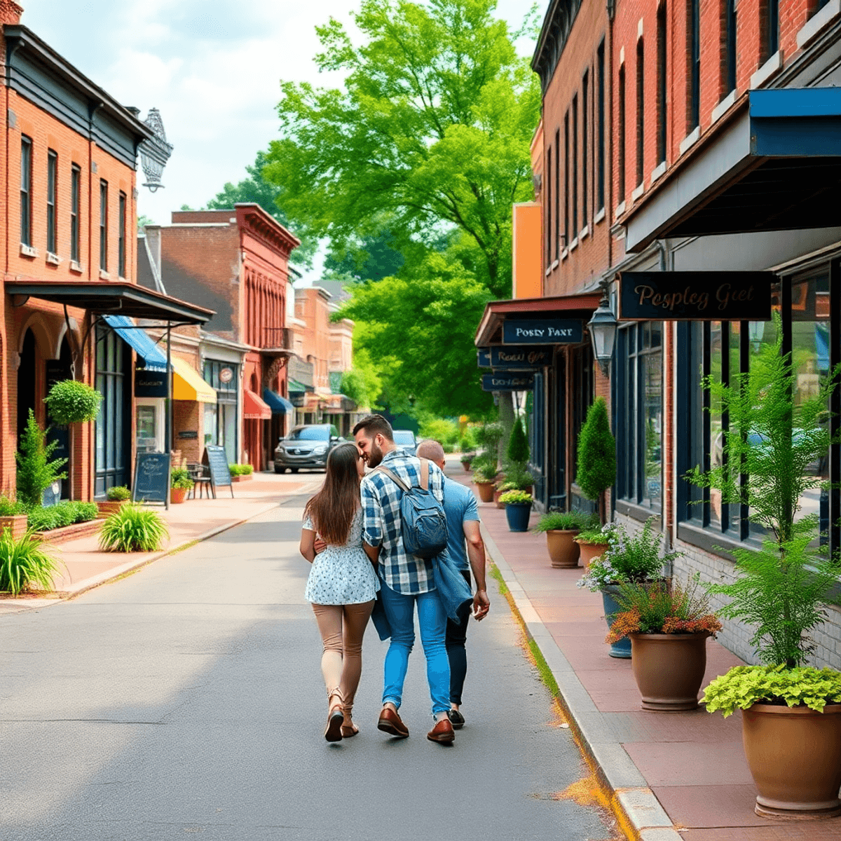 A small-town street in Central City, Arkansas, featuring historic buildings and greenery, with a couple enjoying a casual stroll, embodying communi...